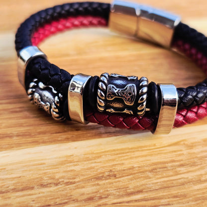 Bracelett "Mjölner Twin Leather" (Black / Red)