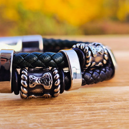 Bracelett "Mjölner Twin Leather" (Black / Green)