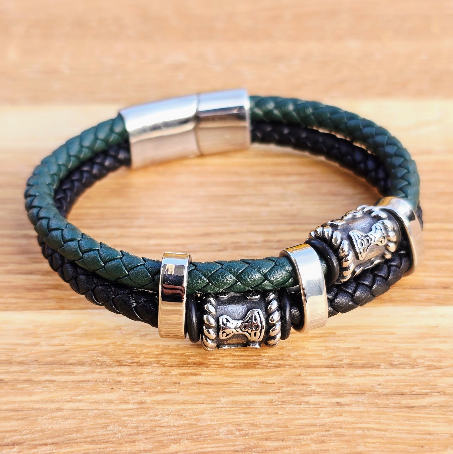 Bracelett "Mjölner Twin Leather" (Black / Green)
