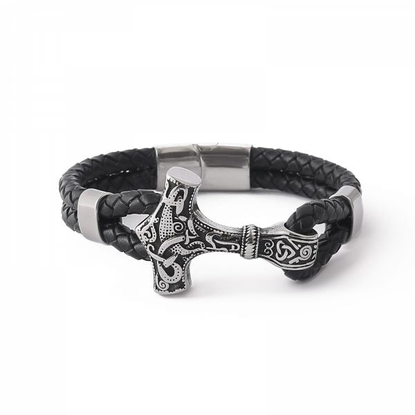 Armband „Mjölnir Asgard Knot“ Leder (Silber)