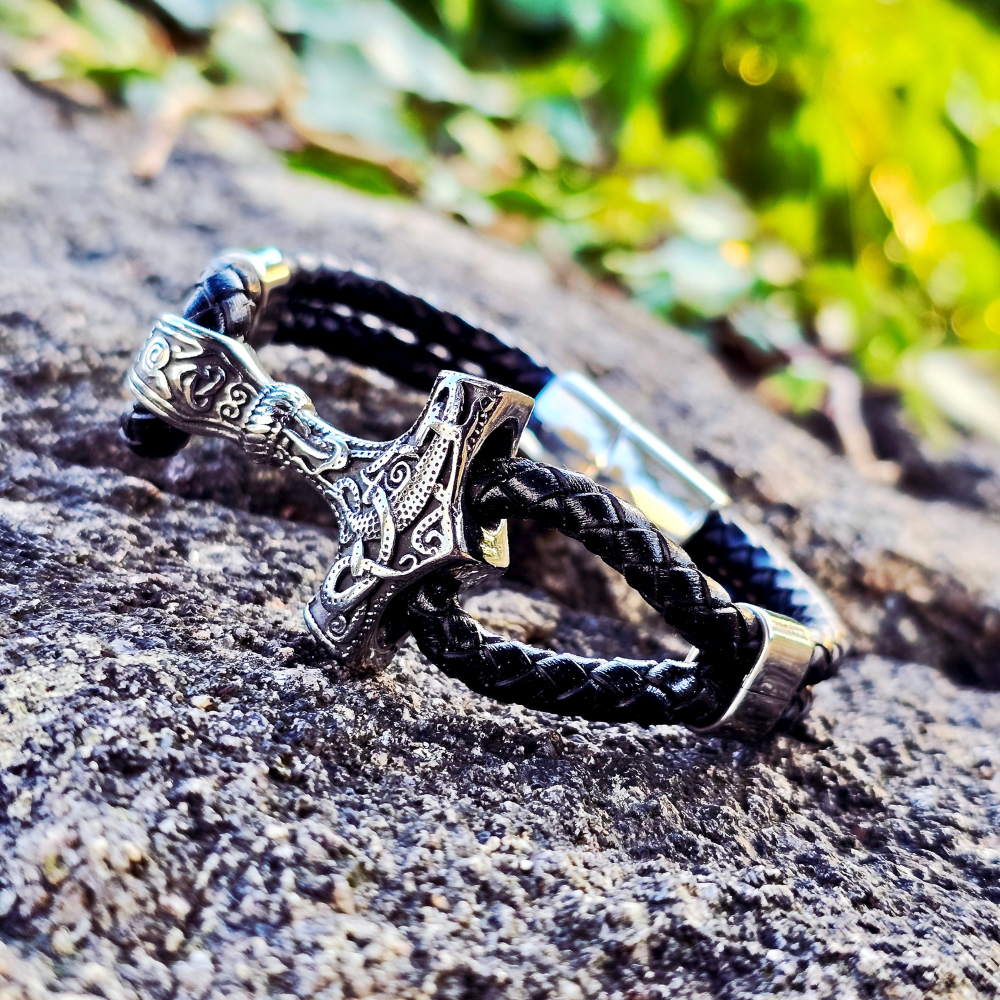 Armband „Mjölnir Asgard Knot“ Leder (Silber)
