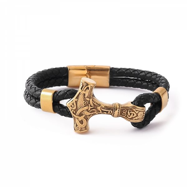 Armband „Mjölnir Asgard Knot“ Leder (Gold)