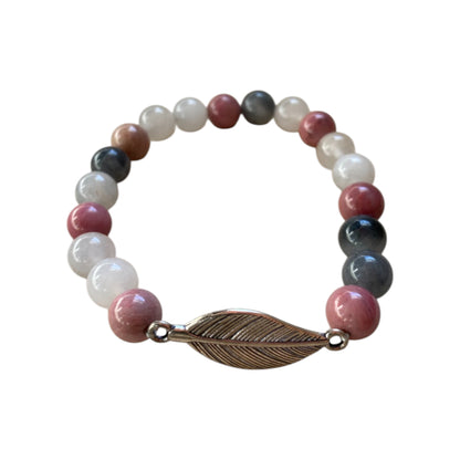 Armband / Mala - Rhodonit &amp; Grå Kvarts med fjäder